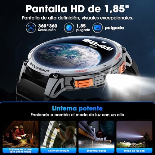 Reloj Inteligente Hombre con Linterna y Monitor de Sueño para Hombres en Escenarios Militares y Deportivos con Batería d